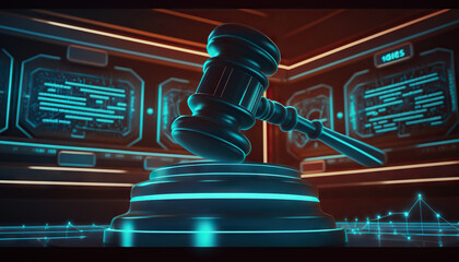Judge gavel on background of data center. Digital law concept of duality of Judiciary, Jurisprudence and Justice and data in the modern world. Copy space. Based on Generative AI