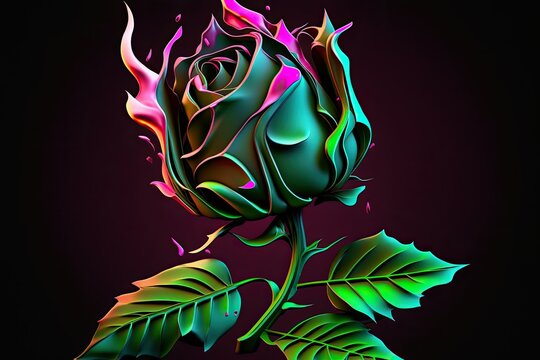 A stunning half burnt rose, with some of the petals reduced to black ashes and embers, serves as a metaphor for a broken heart. Computer generated artwork. Vivid magenta radiance. Generative AI