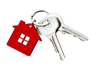 House keys with red house shaped keychain isolated on transparent