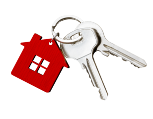 House keys with red house shaped keychain isolated on transparent