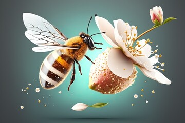 Naklejka premium Bee pollen being collected by a honey bee in flight from an apple flower. Generative AI