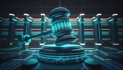 Judge gavel on background of data center. Digital law concept of duality of Judiciary, Jurisprudence and Justice and data in the modern world. Copy space. Based on Generative AI