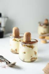 Traditional italian dessert tiramisu with savoiardi biscuits, mascarpone cheese, cream, egg yolks,...