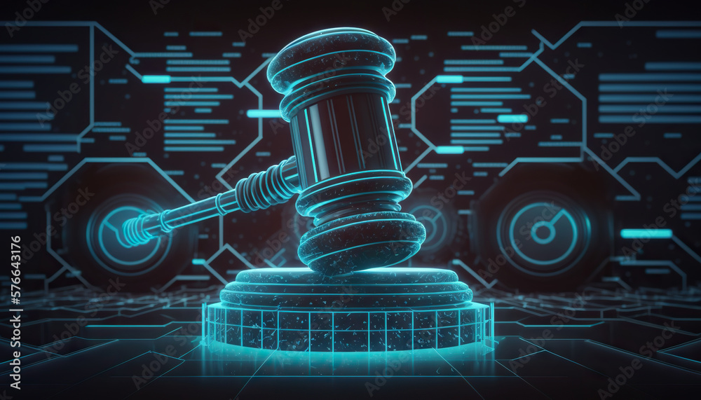 Poster Judge gavel on background of data center. Digital law concept of duality of Judiciary, Jurisprudence and Justice and data in the modern world. Copy space. Based on Generative AI