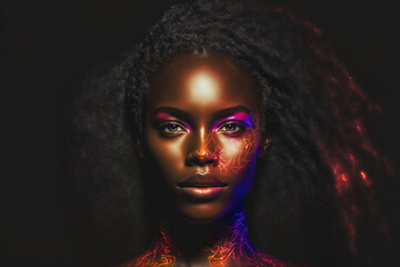 Fashion portrait beautiful black woman in neon studio lighting. Generative AI illustration