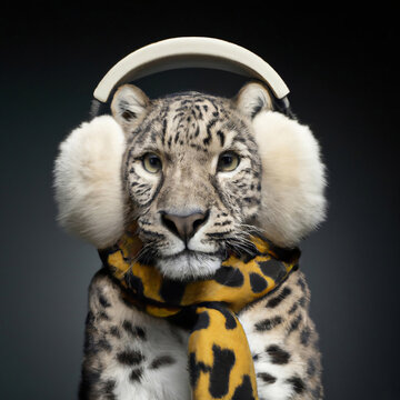 Leopard Schneeleopard mit Schal und coolem Kopfh&ouml;rer Ohrenw&auml;rmer, Generative AI, Generativ, KI