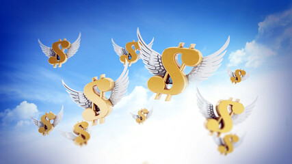 Dollar sign with wings on the smartphone. 3D illustration - obrazy, fototapety, plakaty