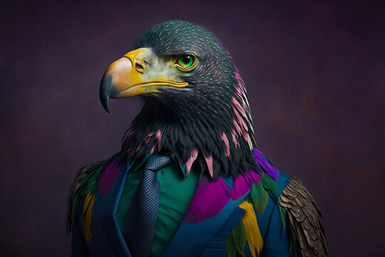 Portrait of a Eagle Dressed in a Colorful Suit, Creative Stock Image of Animals in Suit. Generative AI