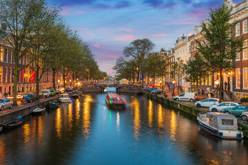 canal at night in Amsterdam in Holland, Netherlands