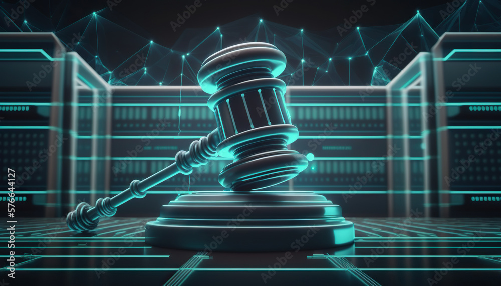 Poster Judge gavel on background of data center. Digital law concept of duality of Judiciary, Jurisprudence and Justice and data in the modern world. Copy space. Based on Generative AI