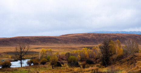 Obraz premium Amazingly beautiful autumn landscapes of a mountainous area located in northern China. Rainy landscape with clouds on top of mountains. Beautiful non-tourist routes. Exploring new places.