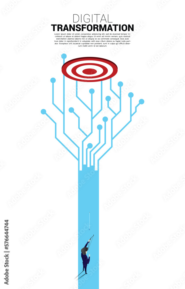 Poster businessman in suit shoot the arrow to target on the way with dot connect line circuit. concept of d