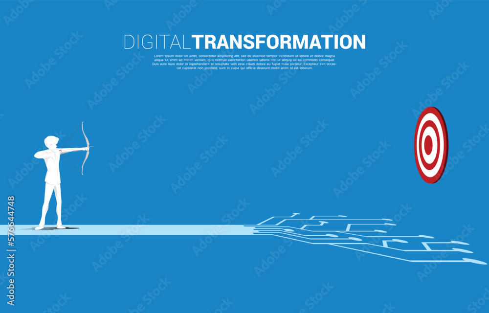 Poster businessman in suit shoot the arrow to target on the way with dot connect line circuit. concept of d