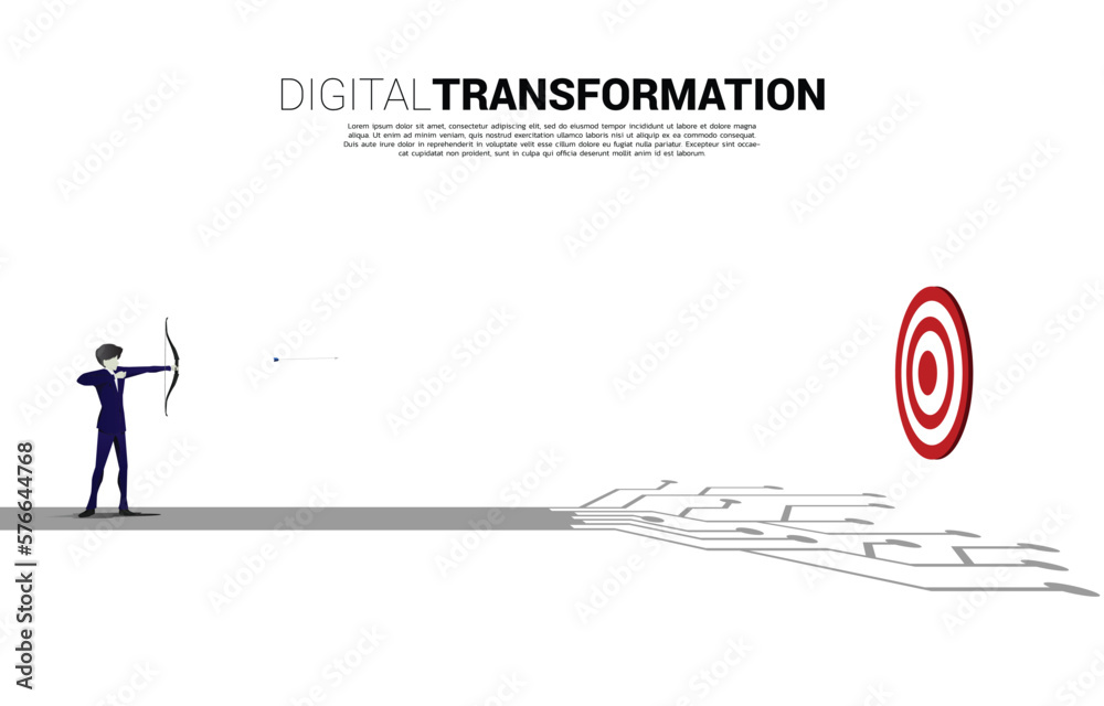 Aufkleber Businessman in suit shoot the arrow to target on the way with dot connect line circuit. concept of digital transformation of business.