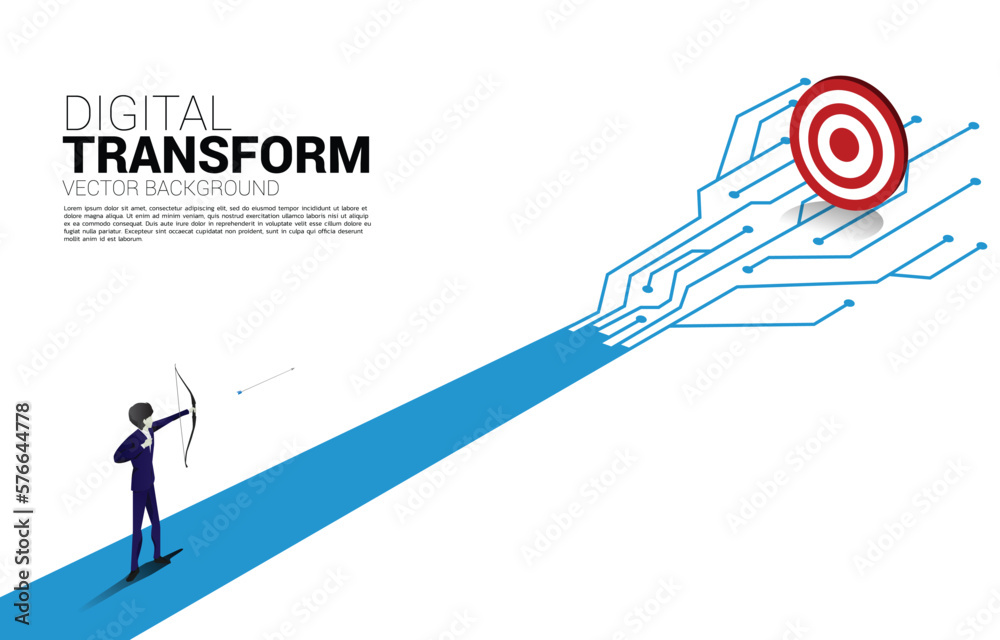 Poster businessman in suit shoot the arrow to target on the way with dot connect line circuit. concept of d