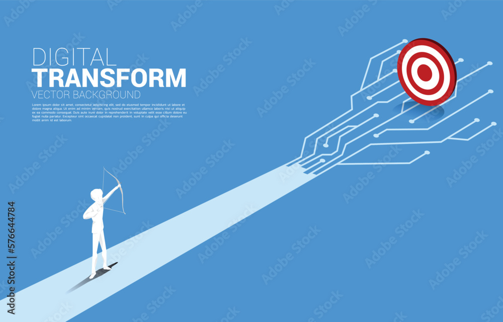 Poster businessman in suit shoot the arrow to target on the way with dot connect line circuit. concept of d