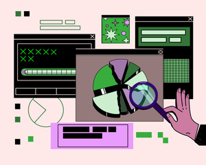 Cute Retro Vapor Wave Desktop with Message. Diagram and hand with a magnifying glass. Retro browser computer window in 90s vaporwave.  Y2k aesthetic background for social media, with pc message box.