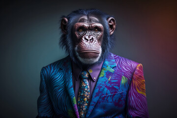 Portrait of a Chimpanzee Dressed in a Colorful Suit, Creative Stock Image of Animals in Suit. Generative AI