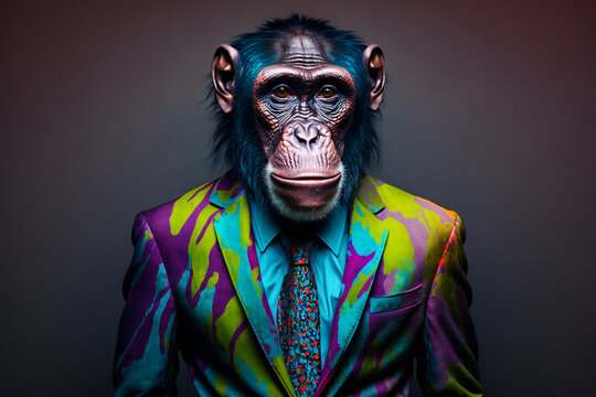 Portrait of a Chimpanzee Dressed in a Colorful Suit, Creative Stock Image of Animals in Suit. Generative AI