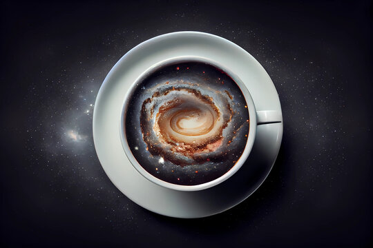 White cup of coffee with a galaxy inside. Space dreams coffee.