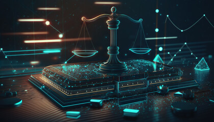 Law scales on background of data center. Digital law concept of duality of Judiciary, Jurisprudence and Justice and data in the modern world. Copy space. Based on Generative AI - obrazy, fototapety, plakaty
