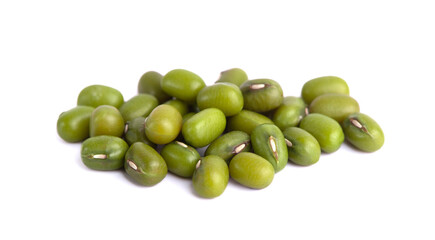 Dry green beans on a white background. Organic raw green mung beans. Vigna radiata.