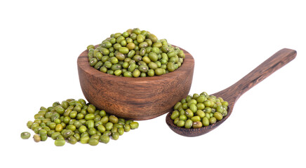 Dry green beans on a white background. Organic raw green mung beans. Vigna radiata.