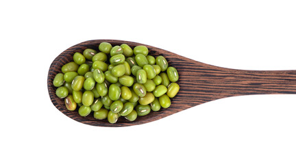 Dry green beans on a white background. Organic raw green mung beans. Vigna radiata.