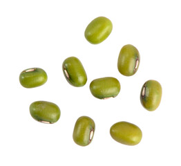 Dry green beans on a white background. Organic raw green mung beans. Vigna radiata.