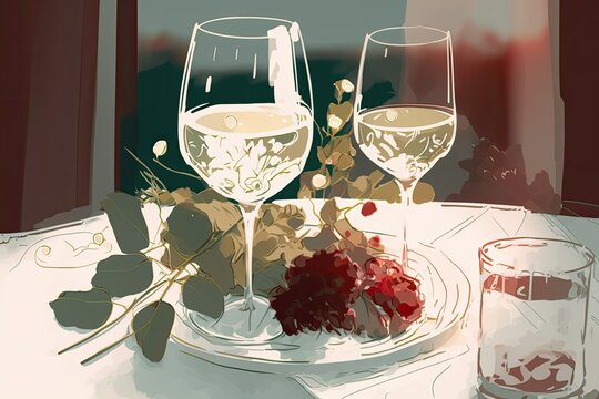Blurred background depicting a romantic tablescape with wine and flowers. Generative AI