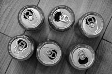 Empty aluminum cans. Beverage containers. Top view.