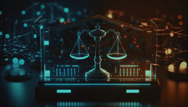 Law scales on background of data center. Digital law concept of duality of Judiciary, Jurisprudence and Justice and data in the modern world. Copy space. Based on Generative AI