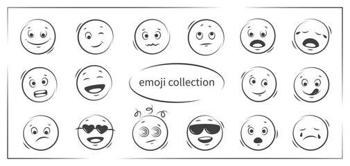 Emoji face icon set. Emoji with different emotion mood. Black and white vector illustration.