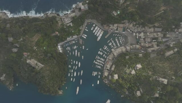 Aerial view of Portofino, a small town with harbour along the coast in Liguria, Italy.