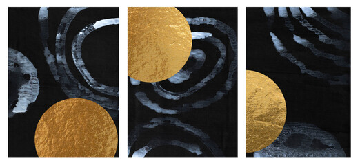 Abstract minimalist painting in the style of Modern. Printable picture in black, gold, white. Three patterns in one