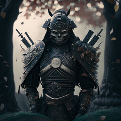 A Macabre But Magnificent Futurist Samurai In a Cemetery Wearing a Black Armor 3d AI Illustration