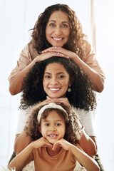 Generations, stack portrait and women of family with grandmother, mother and daughter with smile....