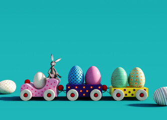 Colorful toy train with bunny and Easter eggs on turquoise blue background. 3D Rendering, 3D Illustration
