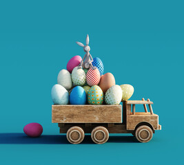 Wooden toy truck loaded with colorful Easter eggs bunny toy on blue background. 3D Rendering, 3D...