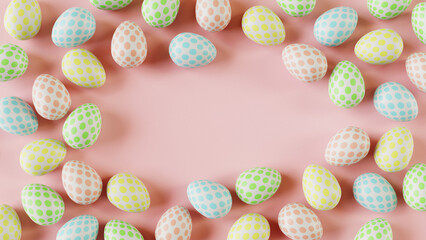 Border from colorful Easter eggs on pink background. 3d render