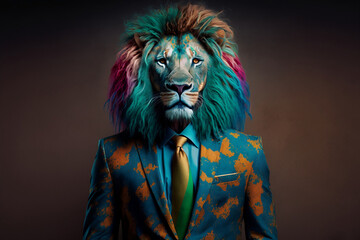 Portrait of a Lion Dressed in a Colorful Suit, Creative Stock Image of Animals in Suit. Generative AI
