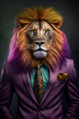 Portrait of a Lion Dressed in a Colorful Suit, Creative Stock Image of Animals in Suit. Generative AI