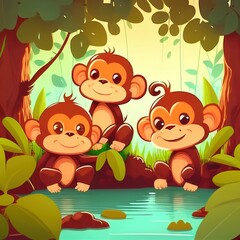 Cartoon cute monkeys, generative ai