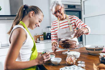 Happy family grandmother and granddaughtermaking chocolate cake in the kitchen
