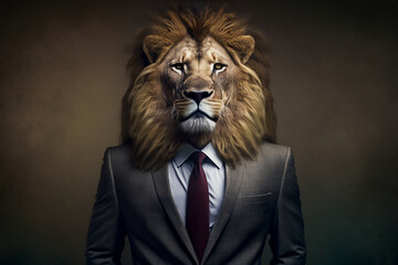 Portrait of a Lion Dressed in a Formal Suit, Creative Stock Image of Animals in Business Suit. Generative AI