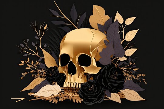 An isolated black human skull with a bouquet of gold roses and a few black leaves for added spookiness. Original take on Halloween or Santa Muerte. Wallpaper with a minimal, romantic, dark aesthetic