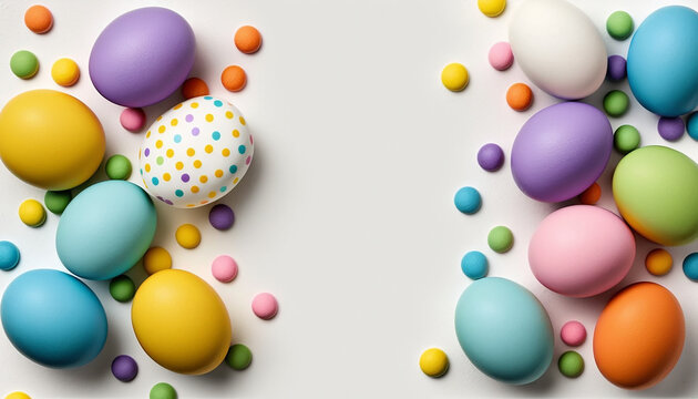Happy Easter - Top view of multicolor easter egg with copy space, Generative ai