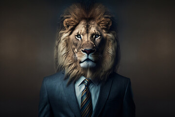 Portrait of a Lion Dressed in a Suit, Creative Stock Image of Animals in Business Suit. Generative AI