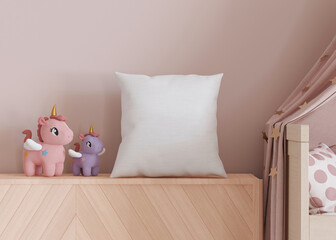 White square pillow in kids room. Blank cushion case template for your graphic design presentation. Pillow cover mock up for print, pattern, personalized illustration. Close-up. 3D rendering.