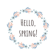 Wreath of spring flowers isolated on white background. Cute simple style. Frame for banners, cards, web, posters, postcards, invitations.